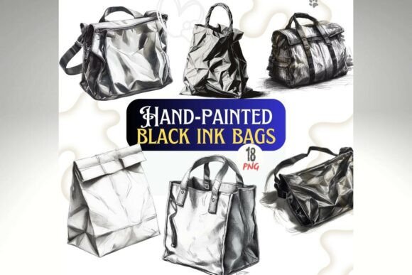 Black Ink Hand-Painted Bag PNG Set: Elevate Your Designs