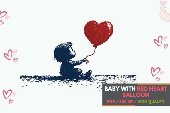 Cherishing Innocence: The Baby Holding Heart Balloon PNG