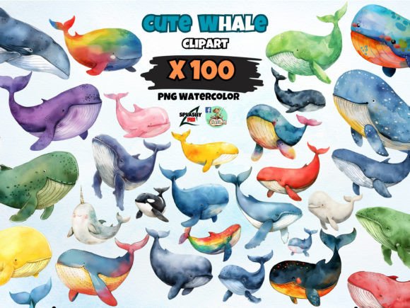 Dive into Adorable: The Watercolor Cute Whale Clipart PNG Bundle