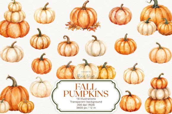 Fall Pumpkin Harvest, Autumn Pumpkins: A Watercolor Clipart Collection