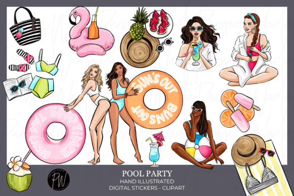 Summer Vibes with Pool Party Hand Drawn Clipart Png