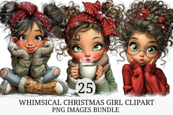 Whimsical Christmas Girl Clipart: 25 Hand-Painted Illustrations